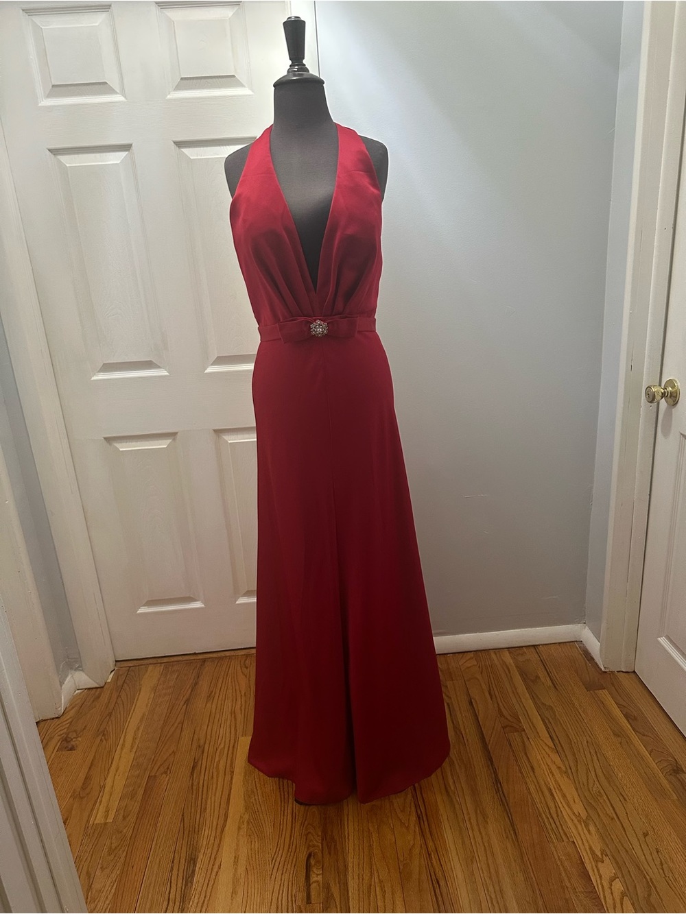 Alice Deep Red Plunge Halter Evening Dress